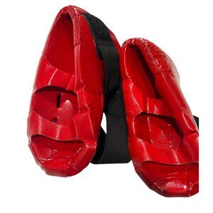 Red Vinyl Sparring Foot Guards Elastic Straps Martial Arts Kickboxing Gear L/XL